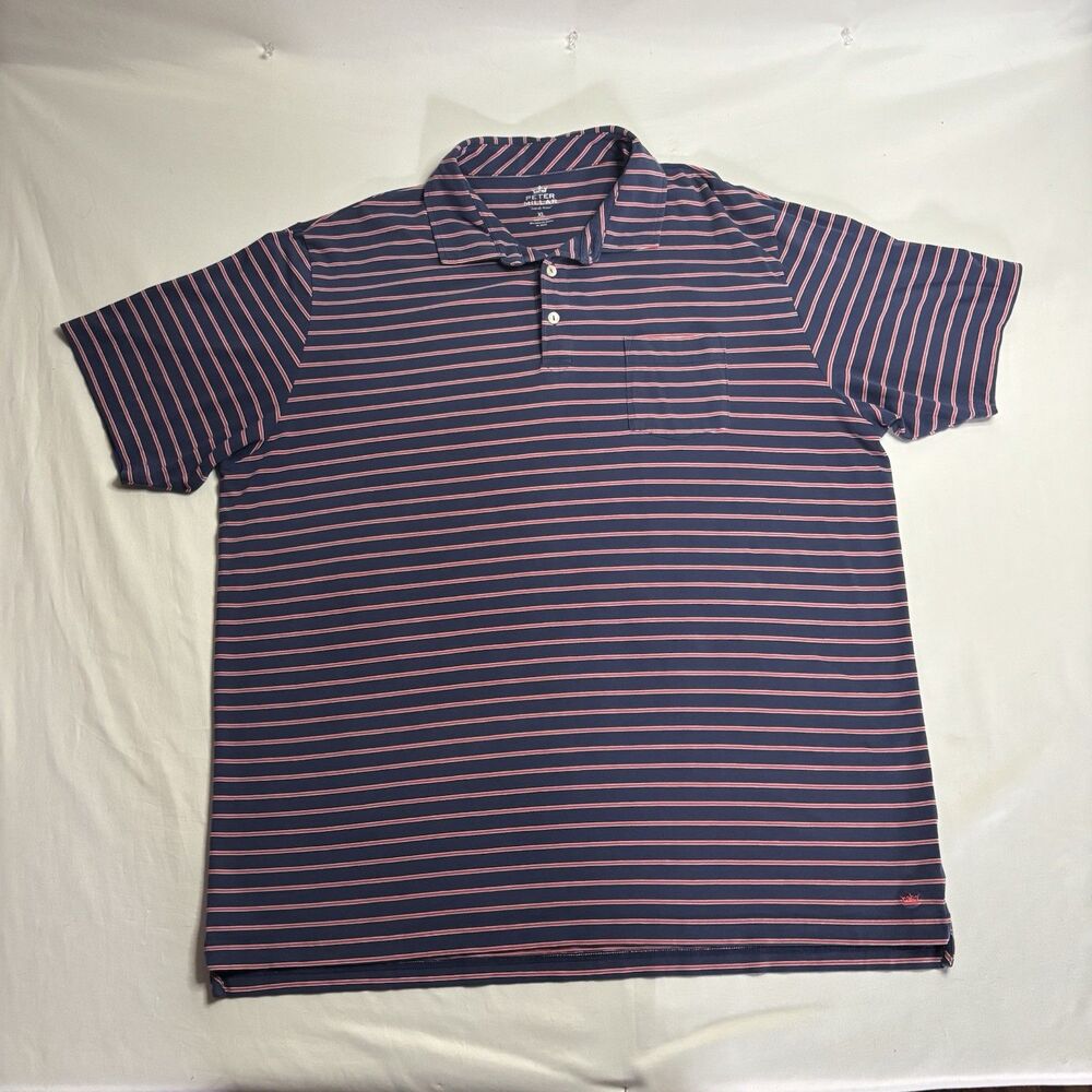 Peter Millar Seaside Wash Striped Polo Shirt Navy Red XL